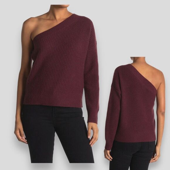 360 Cashmere Sweater‎ Womens S Burgundy Lena One Shoulder Ribbed Soft Luxury - Picture 1 of 8
